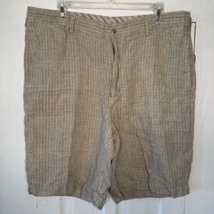 Tommy Bahama 100% Linen Size 38 Men's Shorts Tan Plaid Striped Pockets Beach